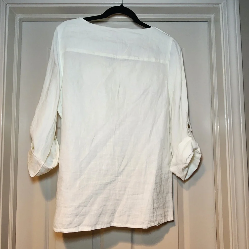 Tory Burch Linen Roll‎ Tab White Blouse Tunic Top Resortwear Spring Summer